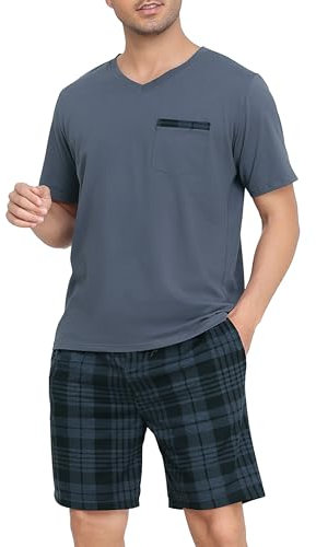 Vlazom Pigiama da Uomo in Cotone Girocollo Corto Pigiama Set a Maniche Corte con Taschino，Grigio + Nero，XXL