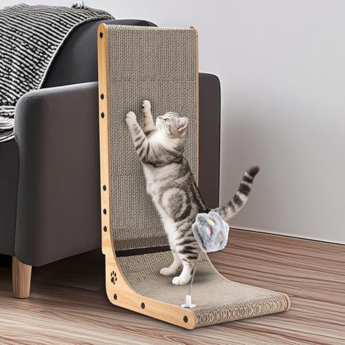 Zikenis Griffoir en Forme de L,Grattoir pour Chat avec Balle Jouet,68 cm Planche à Gratter,Montage Facile,Plateau à Gratter Vertical,Grand,Couleur Bois