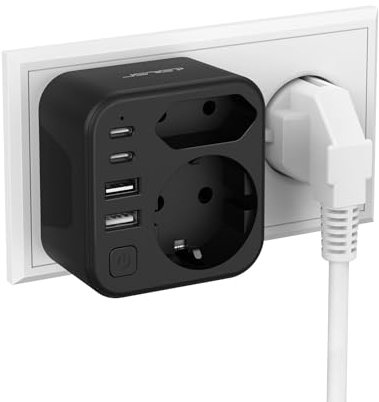 JSVER Ladron Enchufe 4000W, Enchufe Doble con USB, Regletas Múltiple Pared con 2 Puertos A y 1 USB C 17W, Cargador de Móvil Adecuedo Familia, Cocina y Oficina-Negro