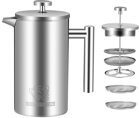 Brewbreeze French Press Set I Kaffeebereiter, Thermo, Kaffeepresse, für Filterkaffee, 1 Liter - 5 Tassen, doppelwandig, isoliert, Edelstahl (Mattsilber, 1 Liter)