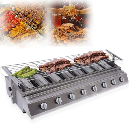 MINHUIJIHUI BBQ Gasgrill Gastrobräter 4/8-Flammig LPG, Höhenverstellbarer Rost (0-9 cm), Herausnehmbarer Ölbehälter, Keramik-Brenner Für Gleichmäßiges Grillen Im Garten