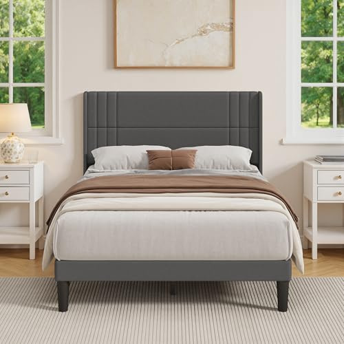 Blishom Polsterbett 140 x 200 cm, Bettgestell Doppelbett mit Kopfteil, Bettrahmen Stoffbett mit Lattenrost aus Holz, Gepolstertes Bettgestell, Dunkelgrau