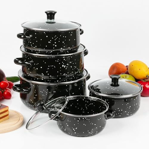 5 Pieces Stock Pot Set Black Enamel Clear Glass Lids for Hob Cooking | thickened hollow handles ensuring secure grip while fast heating base preparing daily meals helping busy large families