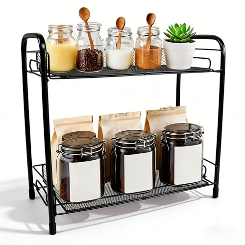 Vurixfo 2 Tier Coffee Station Organizer, Black | Kitchen Spice Rack, Hot Chocolate Station Stand, Metal Kitchen Counter Shelf, For Bathroom Kitchen Office Coffee Bar