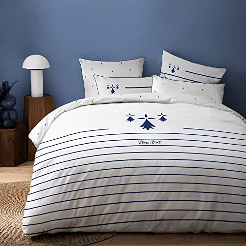 MATT & ROSE Parure de Lit 220x240 cm Breizh | 100% Coton | Oeko-TEX | Housse de Couette 220x240 cm + 2 Taies d'oreiller 65x65 cm Imprimées Réversibles | Blanc