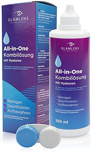 Glamlens Kontaktlinsen Flüssigkeit MIT HYALURON - 350ml Kontaktlinsenflüssigkeit ALL IN ONE Kombilösung Pflegemittel für weiche Linsen mit Behälter