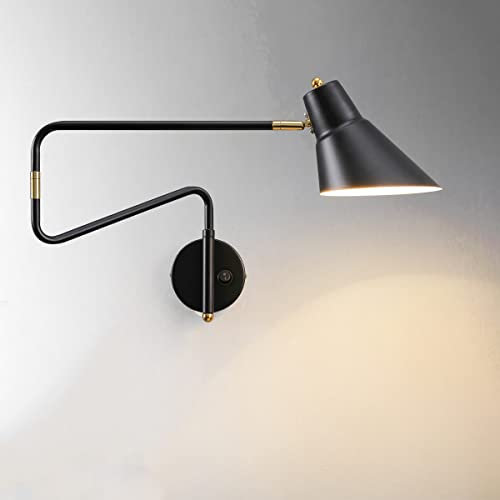 Modern Verstellbar E27 Wandleuchte mit Schalter, Wandlampe Drehbare 360 ° Flexarm Wand-Leselampen, Metall Langer Arm Schlafzimmer Nachttischlampe, Schwenkbar Wandstrahler für Wohnzimmer Büro,Schwarz