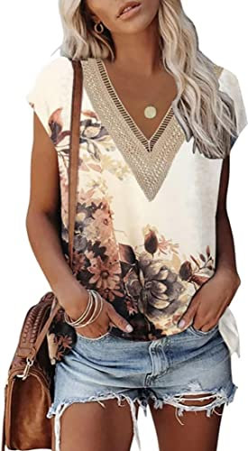 OLIPHEE Camiseta de Mujer Casual V-Neck Camisetas sin Mangas Flores Estampado Túnicas básicas Casuales (S,01)