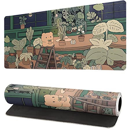 Bear Gaming-Mauspad, Anime-Pflanze, abstrakter Schreibtischschutz, 80 x 30 cm, Kawai, ästhetisch, Braun und Grün, Wald, rutschfeste Gummiunterseite, genähte Kanten, Tastatur-Schreibtischunterlage für