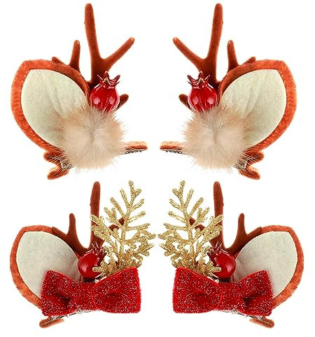 TIESOME Weihnachts Haarspangen, 4 Stück, Weihnachts Haar Accessoires niedliches Rentier Geweih Stirnband Ohren Haar Accessoire Geweih Kopfschmuck Haarnadel für Frauen Mädchen Kinder (Stil B)