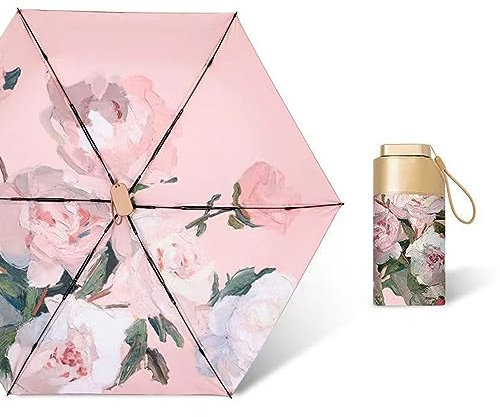 Hearda Oil Painting Style Umbrella Mini Manual, 6 Ribs Folding Umbrellas UV for Women Man and Kids, Portable Small Umbrella Windproof Strong for Hot and Rainy Weather, Outdoor (Pink Petals)