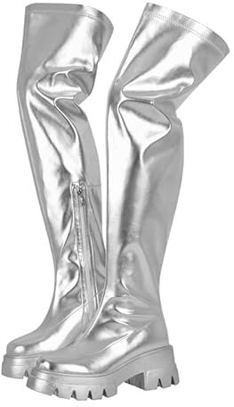 MissHeel Stivale elasticizzato con plateau Stivali sopra il ginocchio Combat Boots Nero, argento, 42 EU