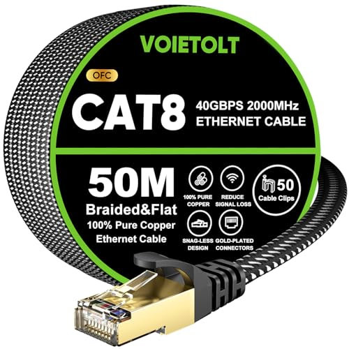 VOIETOLT Cat 8 Lan Kabel 50M, 40Gbps/2000Mhz Flaches Geflecht Netzwerkkabel Ethernet Kabel, S/FTP RJ45 Gigabit Patchkabel für PS4/5, für Modem, für Router