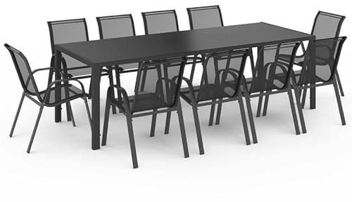 IDMarket - Salon de Jardin Madrid Table 240 CM et 10 chaises empilables Gris Anthracite