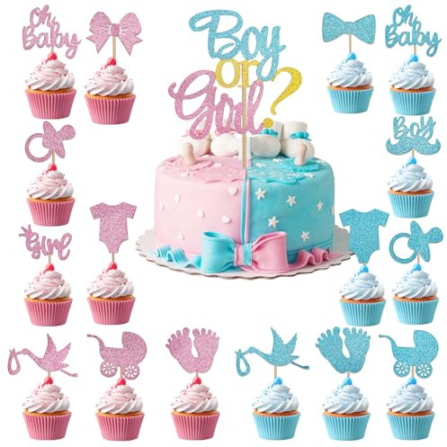 ALEGRE Gender Reveal Tortendeko, 17 Stück Glitzer Oh Baby Cake Topper, Boy or Girl Deko Kuchen, Shower Cupcake Topper Blau Rosa, Tortenstecker für Taufe, Party Deko
