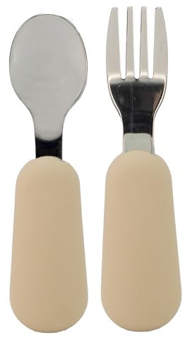 BABYZOCO Cubiertos bebe silicona y acero Inoxidable, cubiertos de iniciación, Set de cuchara y tenedor ergonómicos bebe, Cubiertos aprendizaje bebés, Desde 2 años, Diseño moderno, Beige
