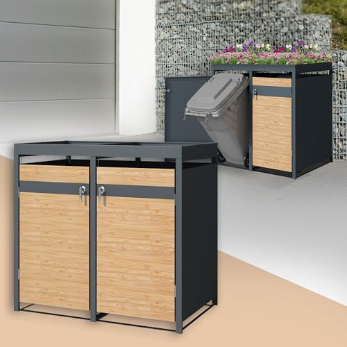 ML-Design Box pour 2 Poubelles avec Toit Végétal, jusqu'à 240L, 132x80x124 cm, en Acier, Anthracite/Aspect Mélèze, Résistant aux Intempéries, Habillage de Poubelle Verrouillable, Conteneur Abri Hangar