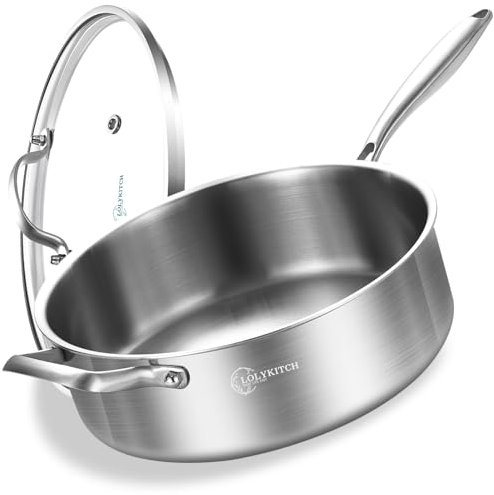 LOLYKITCH 7 QT Tri-Ply Stainless Steel Sauté Pan with Lid,12 Inch Deep Frying pan,Large Skillet,Jumbo Cooker,Induction Cooking Pan,Oven Safe and Detachable Handle.