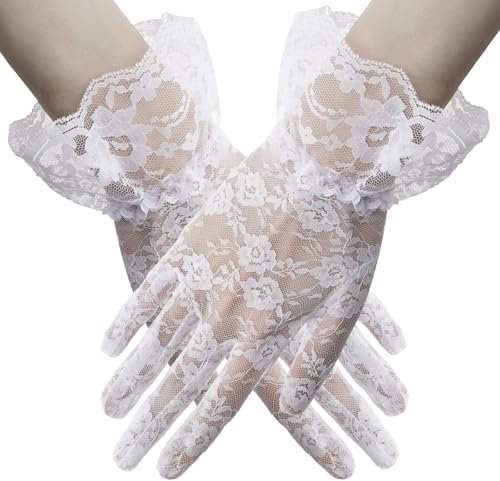 YUNHENTONG Spitzenhandschuhe - Weiße Netzhandschuhe für Damen - Hochzeiten, Kostümpartys und Halloween