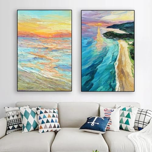 CHAOJIART Ölgemälde-Poster mit Sonnenuntergang, Seelandschaftsdrucke über dem Meer, Strukturgemälde, Impressionismus, Küstenkunst, Heim-Wohnzimmerdekor, 20 x 30 cm (8 x 12 Zoll), 2 Stück, rahmenlos