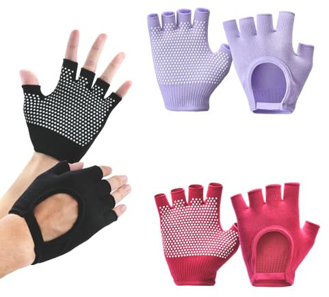 SITAKEGS Rutschfeste Yoga-Handschuhe, 3 Paar fingerlose Fitnesshandschuhe Atmungsaktiv, Schwarz Lila Rosa Grippy Sporthandschuhe mit Silikon-Punkten für Fitness Übung