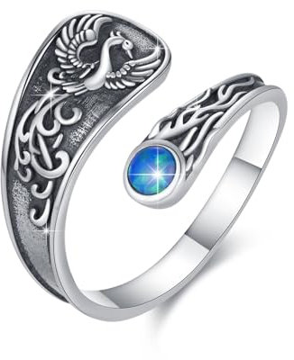 Waysles Nirwana Phönix Damen 925 Sterling Silber Phönix Löffel Ring mit Blauer Opal Verstellbar offener Tier Ring Geschenk Weihnachten Geburtstag