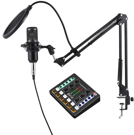 Walmeck Kit D'équipement de Podcast avec Micro à Condensateur et Carte Son en Direct Plug and Play - Changeur de Voix pour Enregistrement de Diffusion, Chant, Jeu [Configuration de