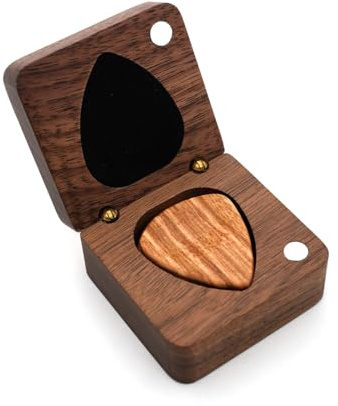 Solid Walnut Wood Guitar Pick Storage Box – Compact Magnetic Case for Guitarists – Organiser for Plectrums – Portable Pick Holder for Guitar Case or Gig Bag – Ideal Musician Gift for Men & Women