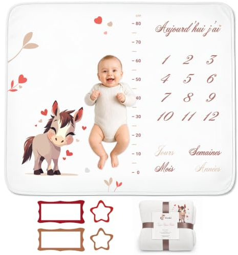 Koabi Babydecke auf Französisch | Teppich Evolution | Jungen oder Mädchen, Uni | Blumen, Herzen, Pferd | Altersverfolgung & Größe | Geschenk zur Geburt | weich & bequem | 120 x 100 cm