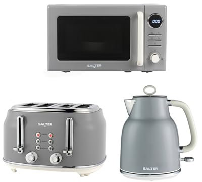 Salter Retro Grey Kettle, Toaster & Microwave Set – 1.7L Rapid Boil Kettle, 4-Slice Toaster, 6 Browning Levels, Safety Features, 20L Digital Microwave with 8 Auto Cook Presets, 25.5 cm Glass Turntable