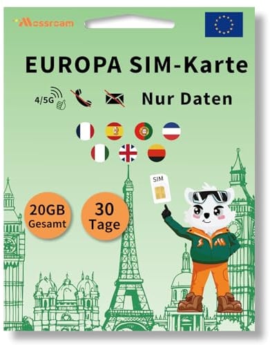 Europa 3-in-1-SIM-Karte: 20 GB Highspeed-Daten, 30-Tage-Prepaid-Tarif für 7 Länder, Hotspot-Unterstützung,Kein Vertrag, Keine Sprachanrufe, Keine SMS