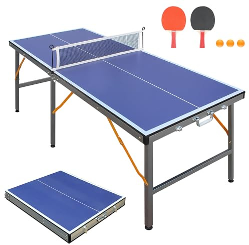 Tischtennisplatte faltbar, 152x66 cm, In- & Outdoor, mit Netz + 2 Schlägern | Kompakter Tischtennis, stabiler Rahmen, inkl. Netz & Schläger, ideal für Kinder & Zuhause