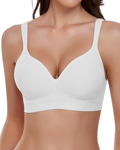WOWENY Tshirt BH Damen ohne Bügel Schalen BH Bügelloser Seamless Bustier Soft Bequem Komfort Minimizer Bra Stütz-BH mit Breiten Trägern(Weiß,L)