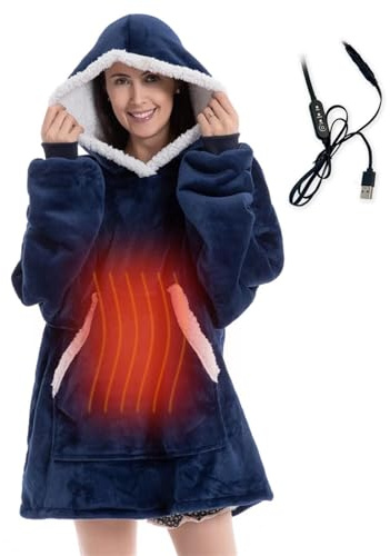 JNTFNE USB Heated Wearable Blanket Electric Hooded With 3 Heating Levels, Fleece Fluffy Warm Throw Sweatshirt Robe For Adults(Navy Blue,Built-in Button)