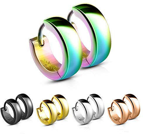 Treuheld® | Klassische, eckige Creolen/Ohrringe aus medizinischem Edelstahl | 4mm x 12mm | Bunt | Klappcreolen für Damen & Herren | Set Paar