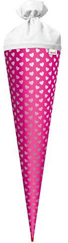 ROTH Bastel-Schultüte groß Knallpink - Herzen mit Glanz-Effekt 70 cm - rund Rot(h)-Spitze und Filzverschluss