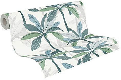 A.S. Création papier peint intissé Geo Nordic papier peint effet jungle papier peint palmier 10,05 m x 0,53 m bleu vert blanc 375301 37530-1