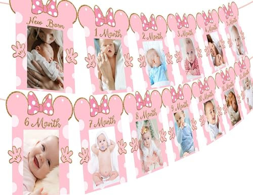Kreatwow Cartoon Mouse Photo Banner Pink und Gold Neugeborene bis 12 Monate Geburtstag Banner für Cartoon Mouse Themed 1st Birthday Decorations Supplies