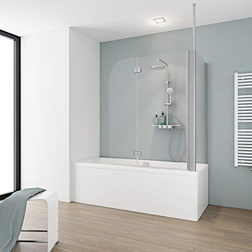 Schulte pare-baignoire en angle 115 x 140 cm et paroi latérale 70 cm, alu-argenté, fixation au plafond, 2 volets pivotants (73+42), verre de sécurité 5mm transparent, joint d'étanchéité