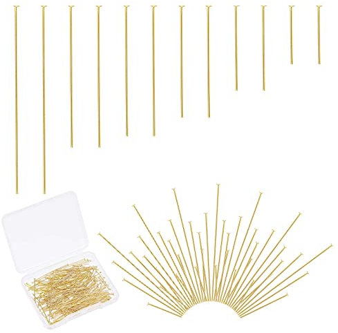 PH PandaHall 210pcs Épingles à Bijoux en Acier Inoxydable, 6 modèles Épingle à Perles plaquée Or 24 carats Goupilles à tête Plate pour Boucle d'oreille, Pendentif