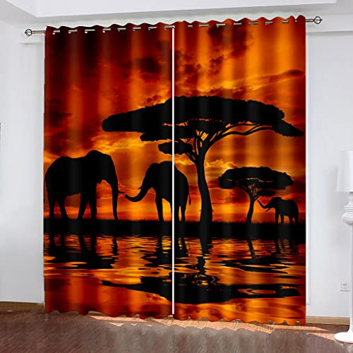 GSKOQD Rideaux Occultants Thermiques pour Salon Et Chambre, 200 X 200 Cm(L X H), 3D Imprimé Éléphant Au Coucher du Soleil Rideau Opaque A Oeillets, Lot De 2 Rideaux Isolant Thermique pour Enfant