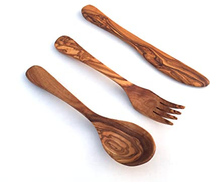 Elegance - Juego de 3 cubiertos de madera (3 piezas, tenedor, cuchillo, cubiertos de madera, madera de olivo, hecho a mano, regalo sostenible