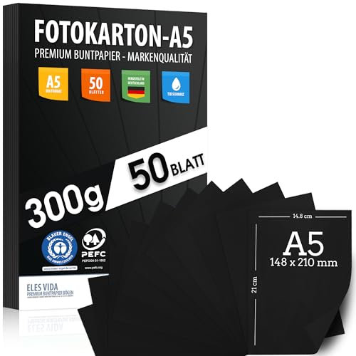 50 Blatt SCHWARZER Bastelkarton 300g/m² – Fotokarton A5 - PREMIUM PAPIER Tiefschwarz - DIN A5 - Druckerpapier Schwarz unbedruckt für Fotografie, Präsentationen, Basteln, Karton - MADE IN GERMANY