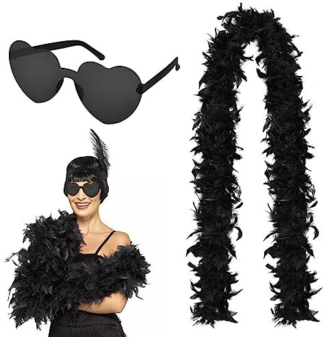 Flintronic Federboa, Bunte Feder Boas mit randlosen Sonnenbrillen, 2M Flauschige Federboa für Damen Kostümzubehör, Feder Schal für Hochzeit Karneval Geburtstag Cosplay Weihnachten (Schwarz)