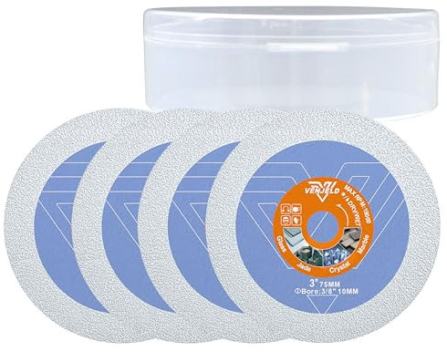 VENJELD Disco Diamantato per Taglio Vetro 75mm - 4pezzi Dischi da Taglio con Foro 10mm per Vetro Giada Cristallo Bottiglia Vino Ceramica Piastrella Marmo