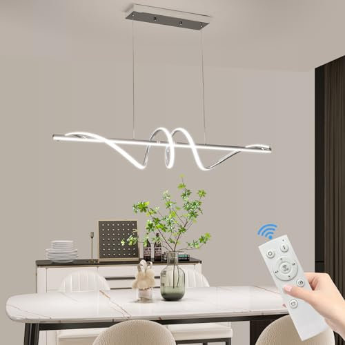 Mikeru 120cm Spiral Pendant Lighting, Chrome Kitchen Ialand Lights 3000K/4500K/6500K Dimmable 10% to 100% Hanging Modern LED Dining Lamp Ceiling with Memory Function for Living Room