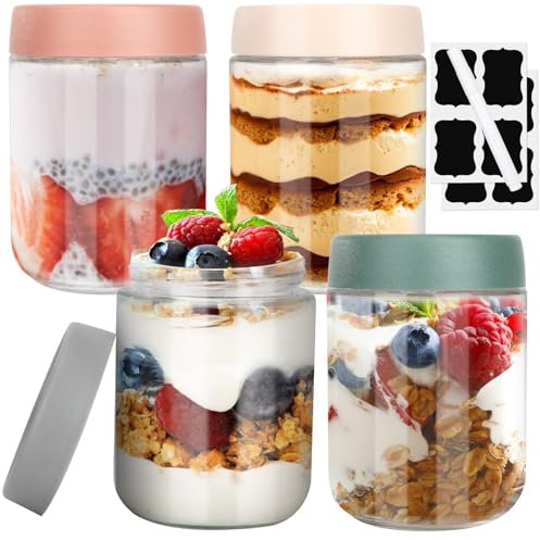 Ezvsevuo 4 Overnight Oats Jar 500ml, Pot Yaourt en Verre avec Couvercle, Bocaux en Verre Hermétique, Meal Prep Containers Verre Multifonctionnel pour Yaourts, Puddings, Confitures, Snacks