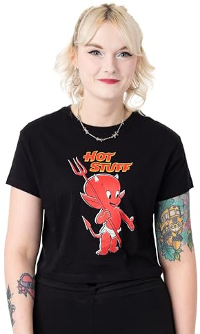 Vanilla Underground Hot Stuff the Little Devil Women's Black Cropped Short Sleeve T-Shirt | Crop Top Graphic Tee Gift for Ladies | Retro Summer Apparel for Her