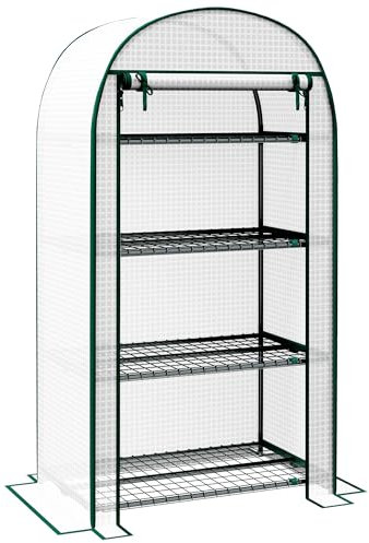 Outsunny Serra da giardino Serra da balcone resistente ai raggi UV con porta avvolgibile 4 ripiani in metallo Copertura in PE 80 x 50 x 160 cm bianco