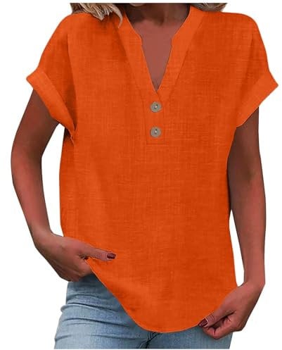 Tops for Women UK, My Orders, Ladies Tops 2025 Women's Summer Cotton Linen Cap Sleeve T-Shirt Button V Neck Tunic Top Fashion Baggy Solid Plain Casual Shirts Trendy Blouse Dark Orange